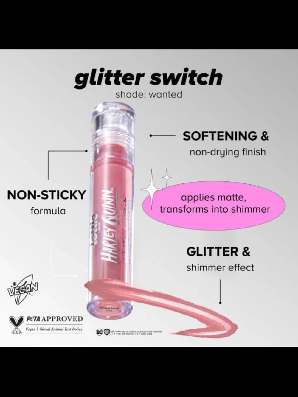 Lottie London x Harley Quinn Glitter Switch Liquid Lipstick – Wanted – NEW